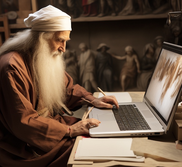 A man with long white hair and beard sitting at a laptop.